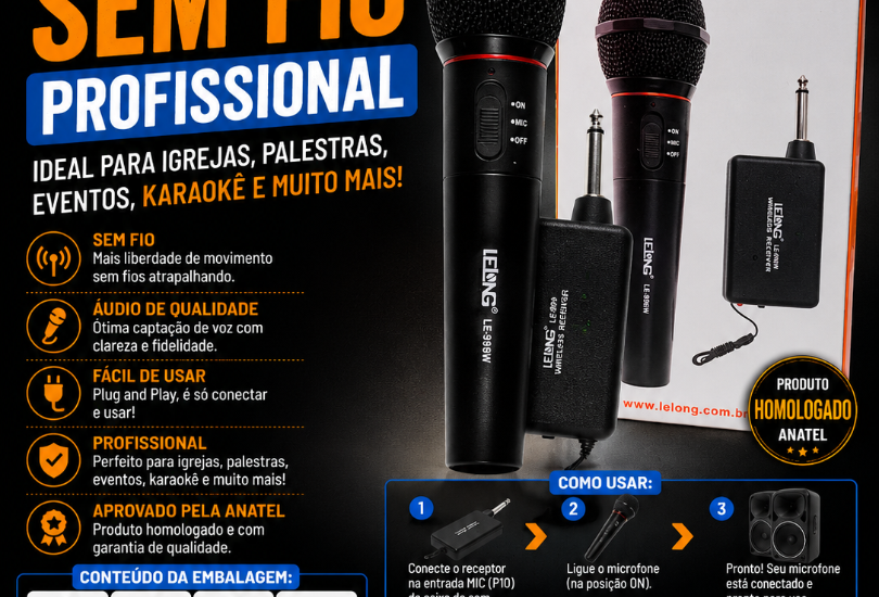 Microfone Sem Fio Profissional Preto Igreja Palestra e Eventos - Novo - Ditudo Tech e Vari Microfone Sem Fio Profissional Preto Igreja Palestra e Eventos - Novo - Ditudo Tech e Vari